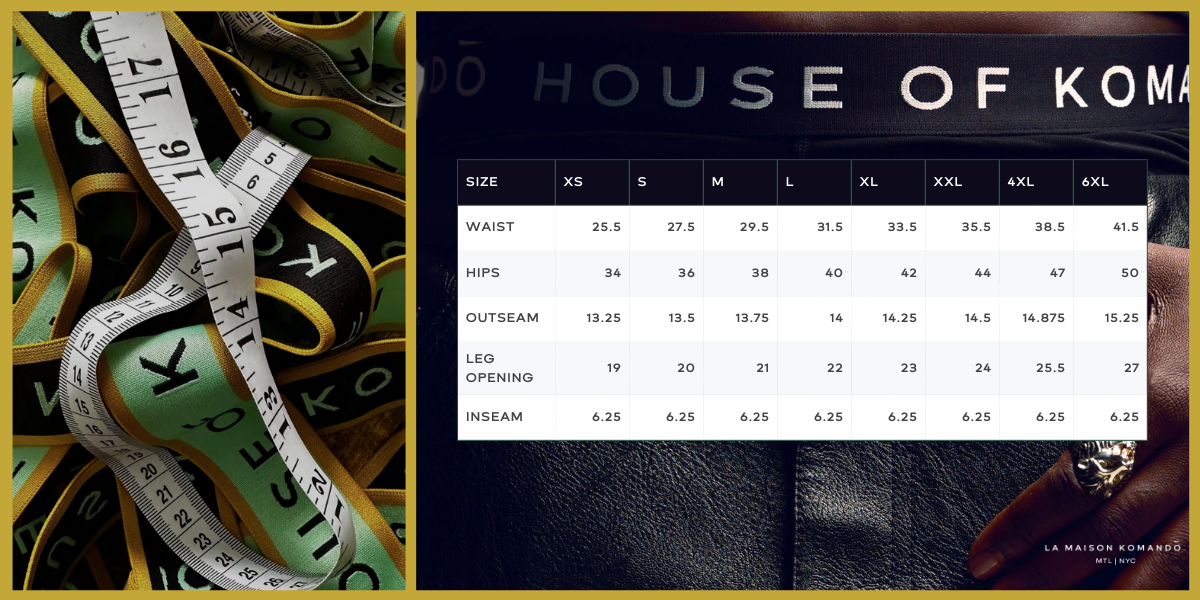 Measurement chart for clothing with 'La Maison Komando' branding on a textured background.